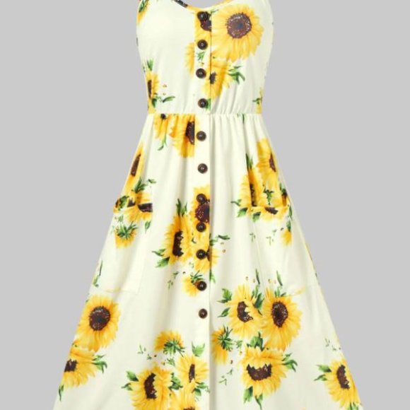 Sundress Sunflower Print Button Up Summer A Line Cami Dress - Picture 2 of 5